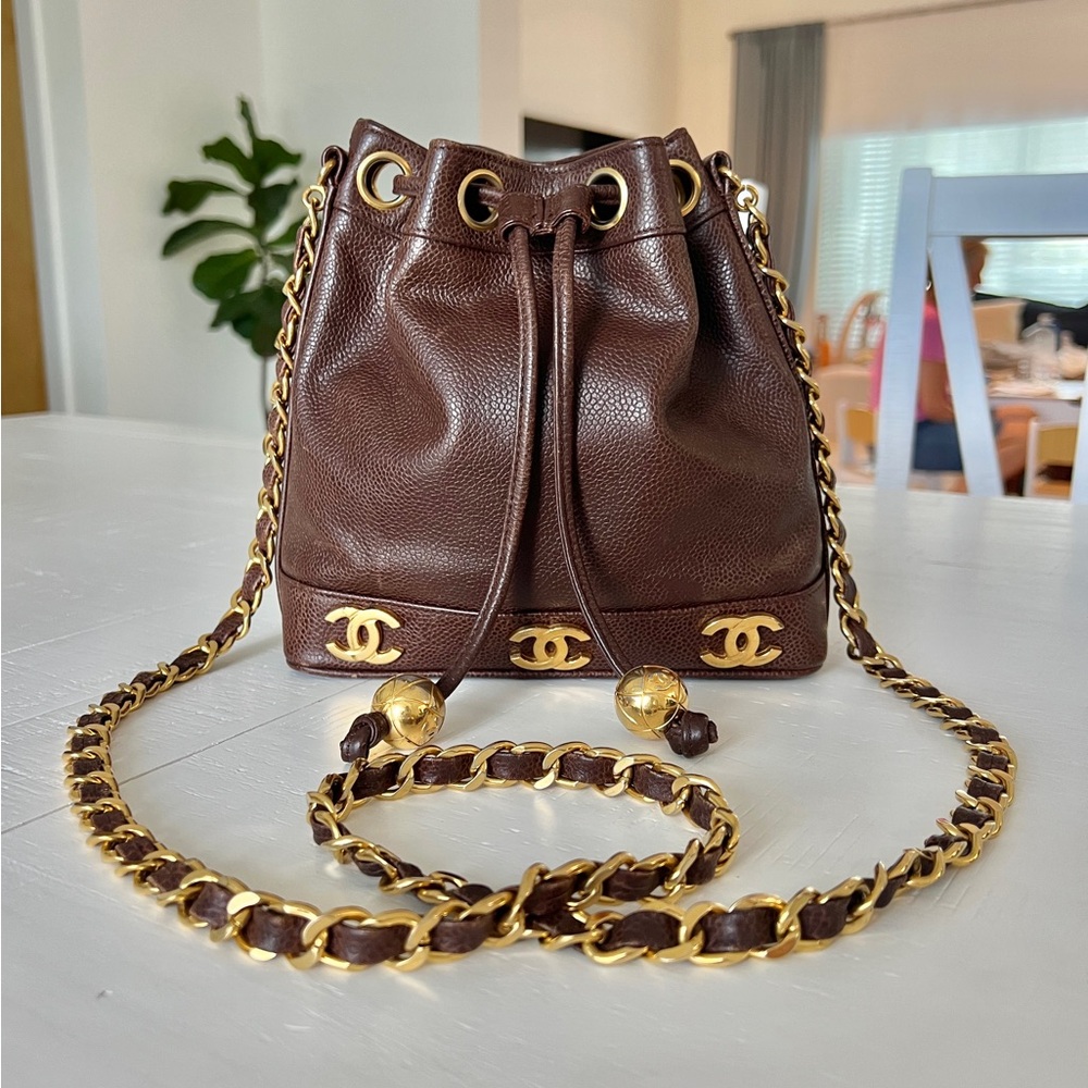 Vintage Chanel Mini Triple CC Bucket Bag in Brown Caviar